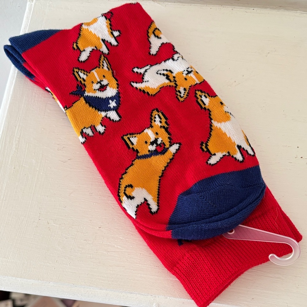 Red Corgi Crew Socks - Novelty Dog Print - Picture 1 of 3